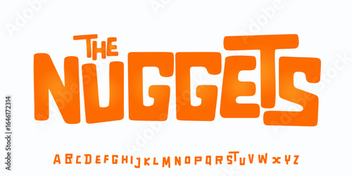 Cheerful geometric alphabet, playful happy cartoon font for kids logo, snack nuggets headline, fun typography, modern comic typographic design. Vector typeset