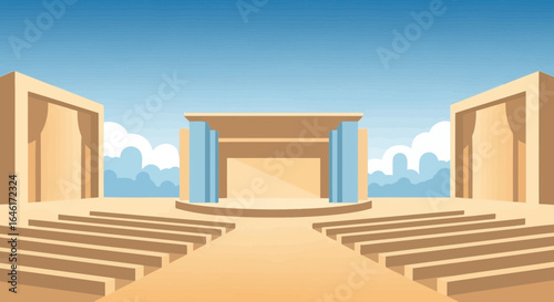 Scenic Outdoor Amphitheater Stage with Blue Sky and Cloudscape Illustration