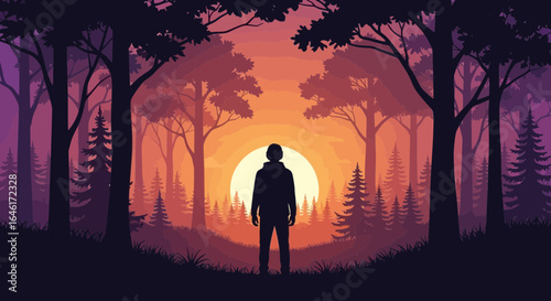 Silhouette of a person in a forest at sunset creating a sense of mystery and wonder in nature
