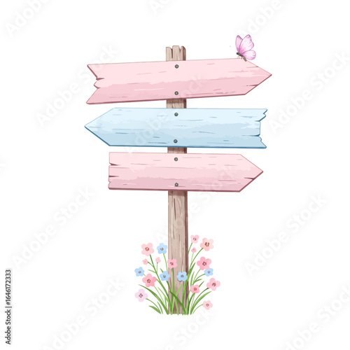 Wooden signpost Watercolor style with pastel colors flowers and butterfly whimsical spring high quality professional