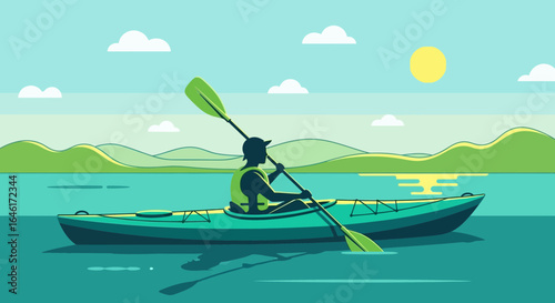 Silhouette of a kayaker paddling on a serene lake surrounded by mountains illustration