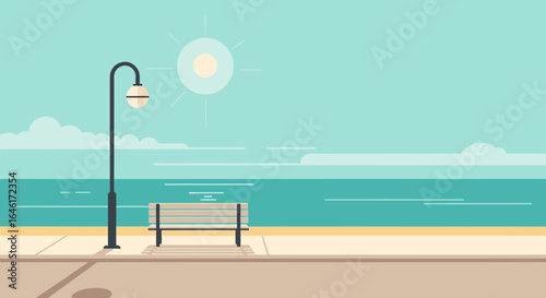 Scenic Seascape Vector Illustration With Bench And Lamp Post Concept