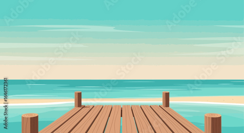 Scenic seascape illustration with a wooden pier extending into calm turquoise water and a light blue sky a relaxing coastal view
