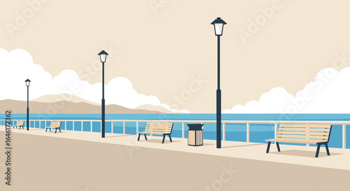 Scenic Seaside Promenade With Benches Offering Peaceful Views And Relaxing Ambience