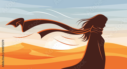 Silhouette of a woman in the desert under a beautiful blue sky landscape with a long scarf blowing in the wind