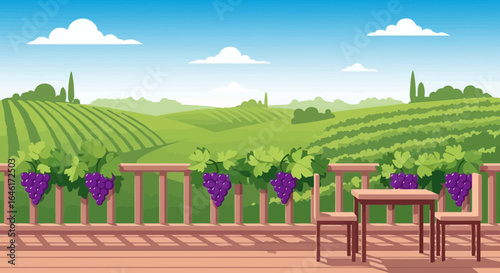 Scenic vineyard landscape with a wooden deck, grape vines, and outdoor seating area in a flat vector style