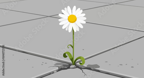 Single daisy flower breaking through cracked concrete symbolizes resilience and hope in adversity