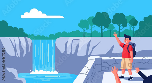 Scenic waterfall landscape with a hiker waving and enjoying the beautiful view