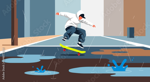 Skateboarder Performing Trick In Urban Landscape With Rain And Puddles