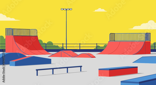 Skatepark with ramps, rails, and obstacles set against a bright yellow sky and clouds