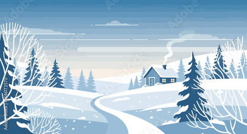 Scenic winter landscape with snowy fields cabin and snow covered trees on a frosty day