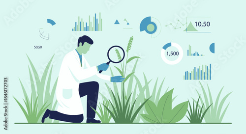Scientist examining wheat with magnifying glass, conducting agricultural research and data analysis in a modern lab setting