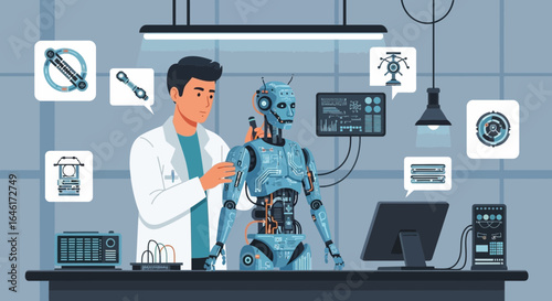 Scientist in laboratory creating and testing humanoid robot for innovative future technology