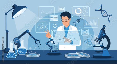 Scientist manipulating virtual data with advanced laboratory equipment illustration