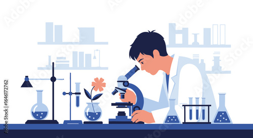Scientist meticulously examines sample through microscope in a modern laboratory setting for scientific discovery