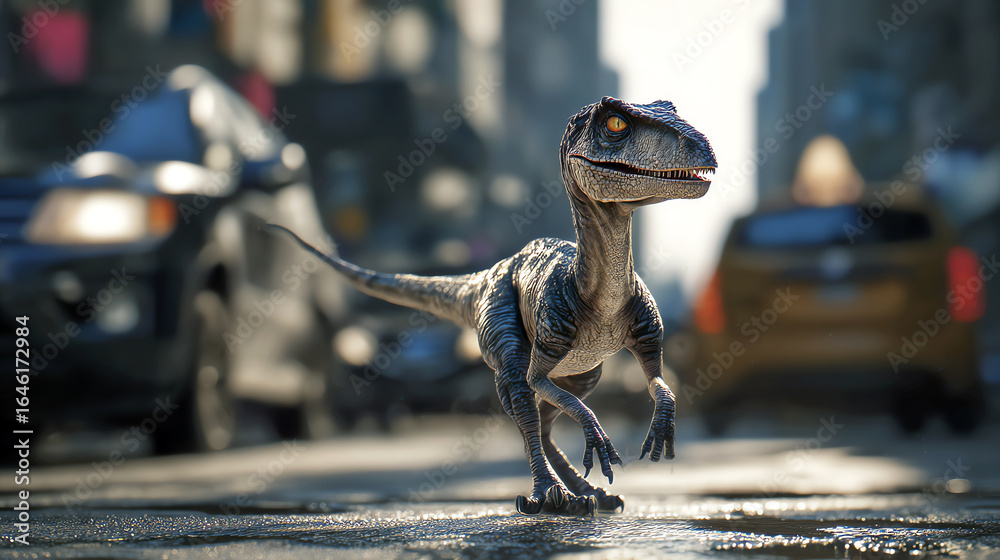 Fototapeta premium baby dinosaur in the street, AI generated