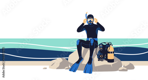 Scuba diver preparing for underwater adventure at the beach with clear sky and beautiful waves perfect for tourism and leisure