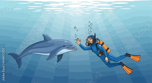 Scuba Diver Encounters A Friendly Dolphin Underneath Blue Ocean Waters