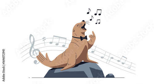 Sea Lion Sings Atop Rock Wearing Bowtie Against Music Notes Background