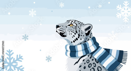 Snow Leopard Observes Falling Snowflakes With A Blue Striped Scarf In Winter