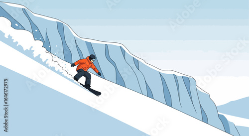 Snowboarder Carving Down Powder Slopes On Sunny Winter Day Illustration