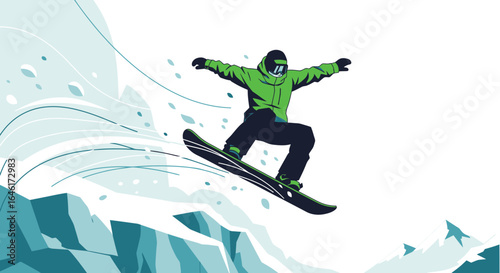 Snowboarder catching air in the mountains, a stylized vector illustration full of action and energy