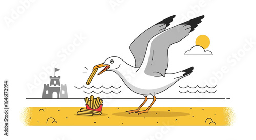 Seagull stealing french fries at the beach with sandcastle and sun in the background vector line illustration