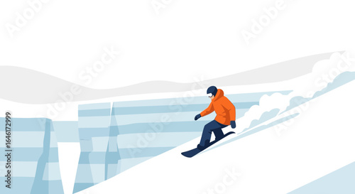 Snowboarder sliding down a snowy slope with ice cliffs in the background illustration