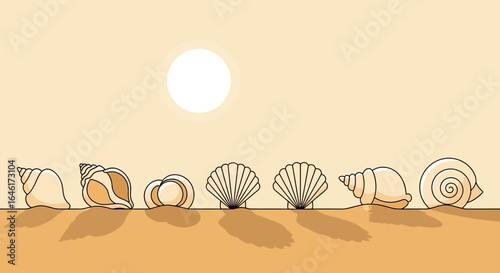 Seashells on a sandy beach under the sun illustration offering a summer feeling and marine life exploration inviting relaxation and exploration