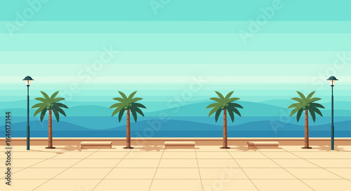 Seaside Promenade with Palm Trees and Ocean View offers a serene escape and tropical beauty