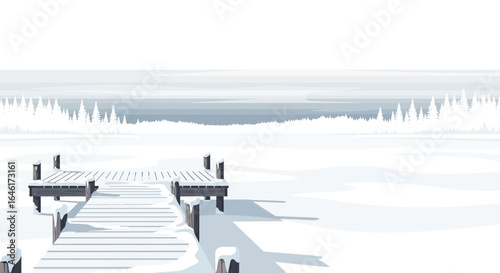 Snowy Landscape With Wooden Pier and Winter Scenery Calm Cold Climate