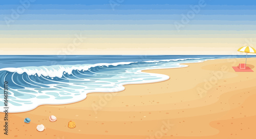 Seaside Scene With Waves Splashing the Shoreline and Beach Umbrella