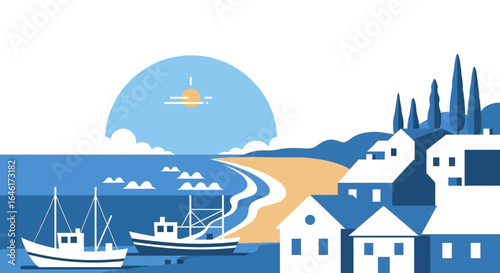 Seaside Village Coastal Serenity In Minimalist Style Graphic Vector Design