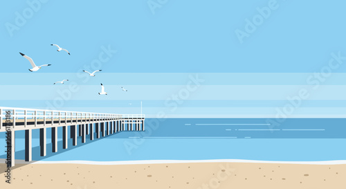 Seaside serenity pier and soaring seagulls on a tranquil coastal scene vector graphic