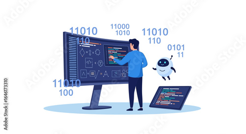 Software developer coding with robot assistant, creating new innovative application system and working with artificial intelligence development