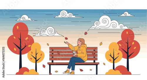 Serene autumn day: woman enjoys solitude on park bench amidst falling leaves and cloudy sky