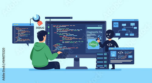 Software developer debugging code with help while a hacker tries to inject malicious code successfully debugging and testing applications
