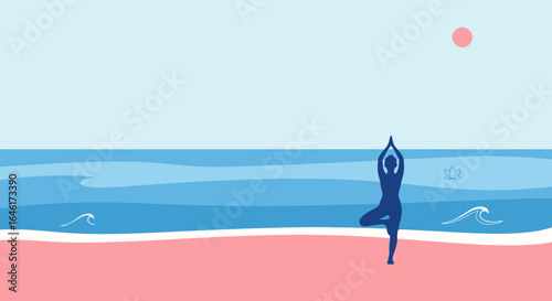 Serene beach yoga silhouette with pastel sky and ocean creating a tranquil scene
