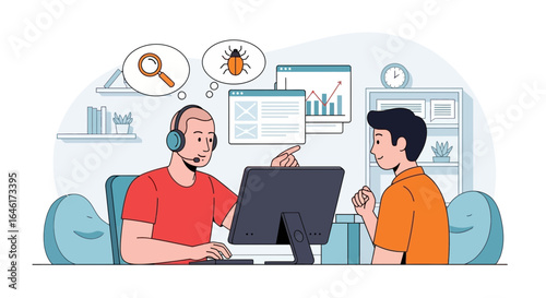 Software developers collaborating on a project searching for bugs and issues using computer technology in a modern office setting