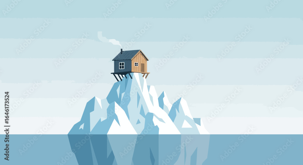 Fototapeta premium Solitude in the Arctic: A Small Cabin Atop a Towering Iceberg in Cold Waters