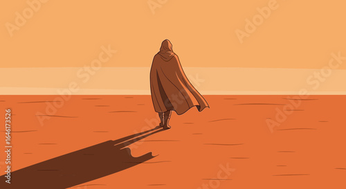 Solitary wanderer in a desert landscape illustration creating an atmosphere of solitude and mystery