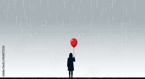 Solitude in the rain: A poignant silhouette with a solitary red balloon highlighting emotions