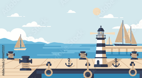 Serene Coastal Scene with Lighthouse Sailboats and Dock Vector Illustration
