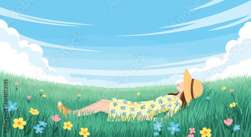 Serene daydream in a meadow illustration featuring a woman relaxing in nature