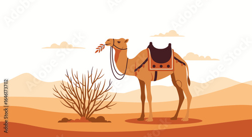 Serene desert scene featuring a camel with traditional saddle eating foliage