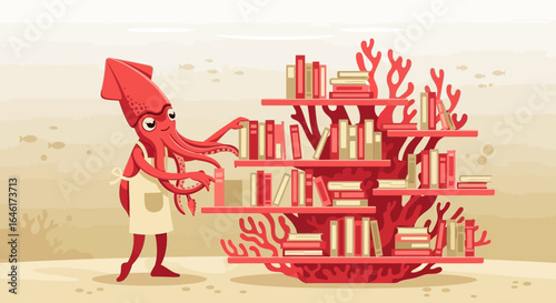 Squid Librarian Arranging Bookshelf Made Of Coral Reef At The Bottom Sea