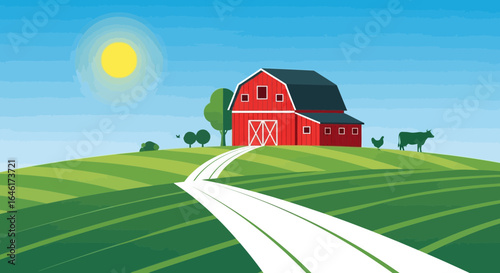 Serene farm landscape with a red barn cow chicken and lush green fields under a bright sun evokes tranquility