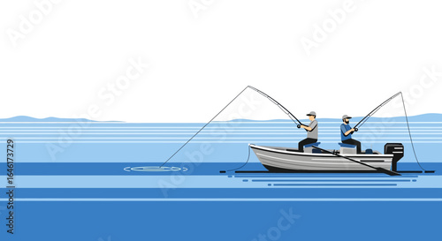 Serene Fishing Adventure Two Men Casting Rods From Boat On Water