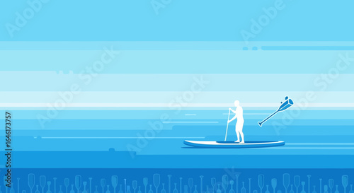 Stand Up Paddle Boarding Illustration in Blue Serenity Waterscape Vector Design