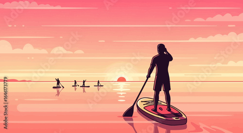 Stand Up Paddleboarding At Sunrise Peaceful Water Sport With Friends